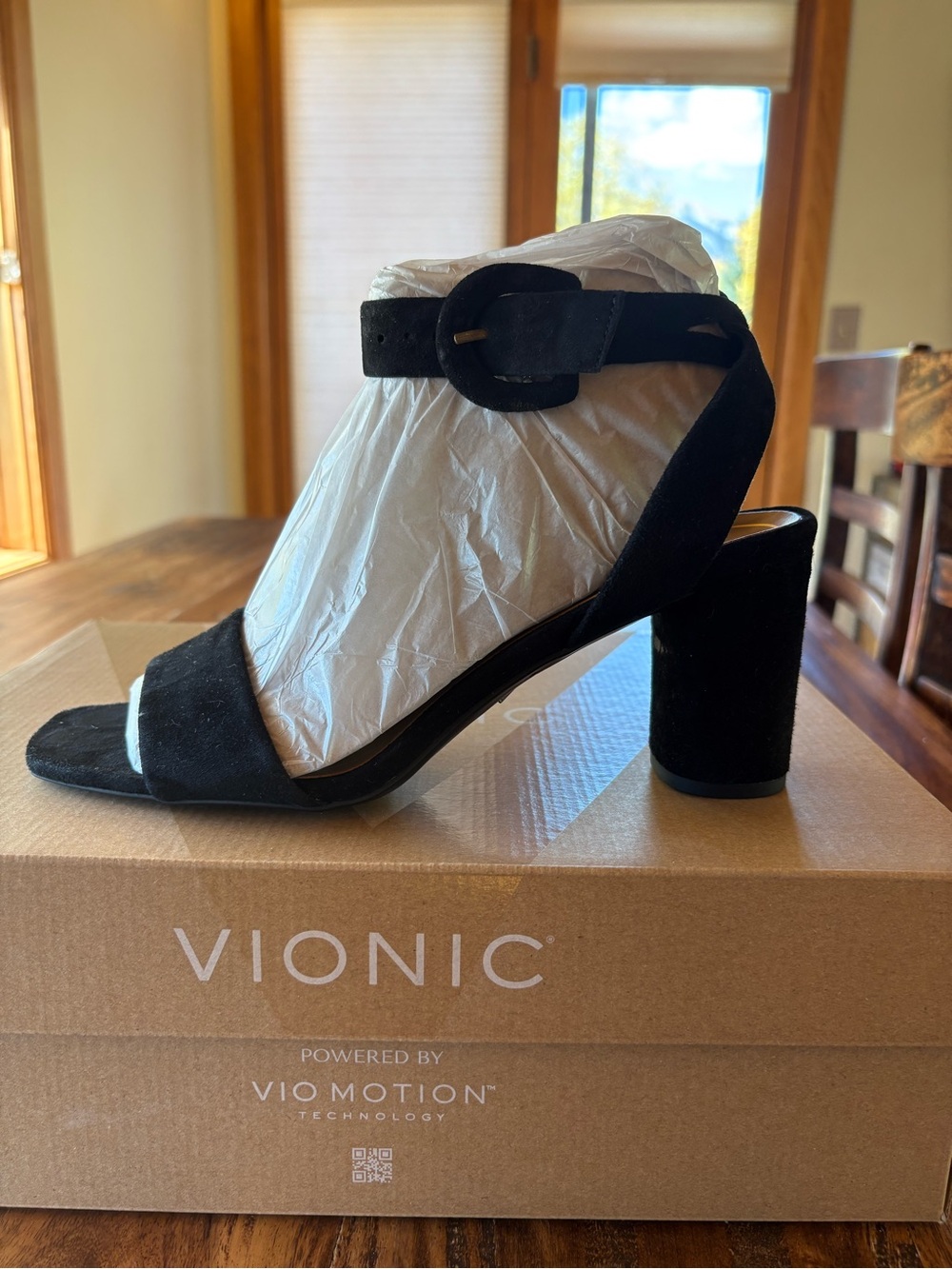 Vionic Black Suede Zinfandel Block Heel Sandals with Ankle Buckle